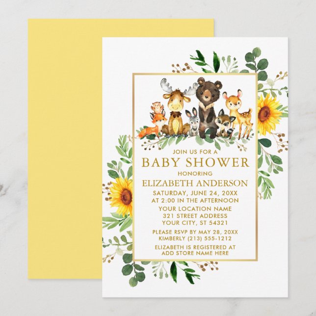 Waldtiere Sonnenblumen Gold Baby Dusche Einladung (Vorne/Hinten)