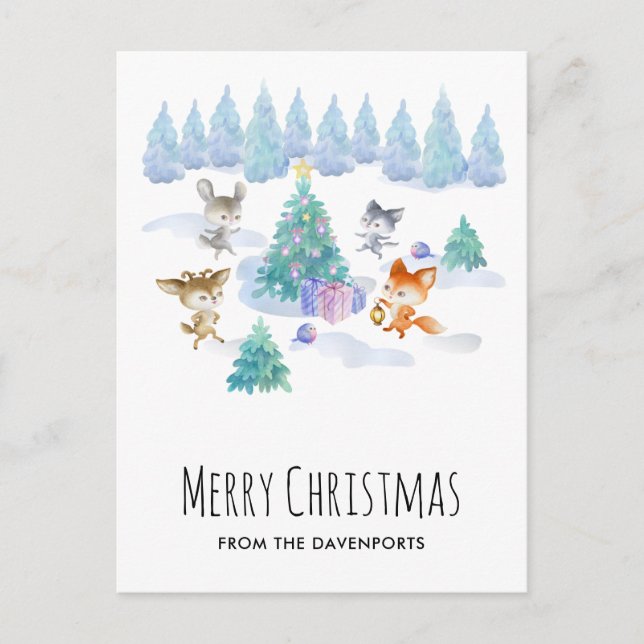 Waldtiere tanzen um Weihnachtsbaum Postkarte (Vorderseite)