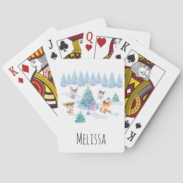 Waldtiere tanzen um Weihnachtsbaum Spielkarten (Rückseite)
