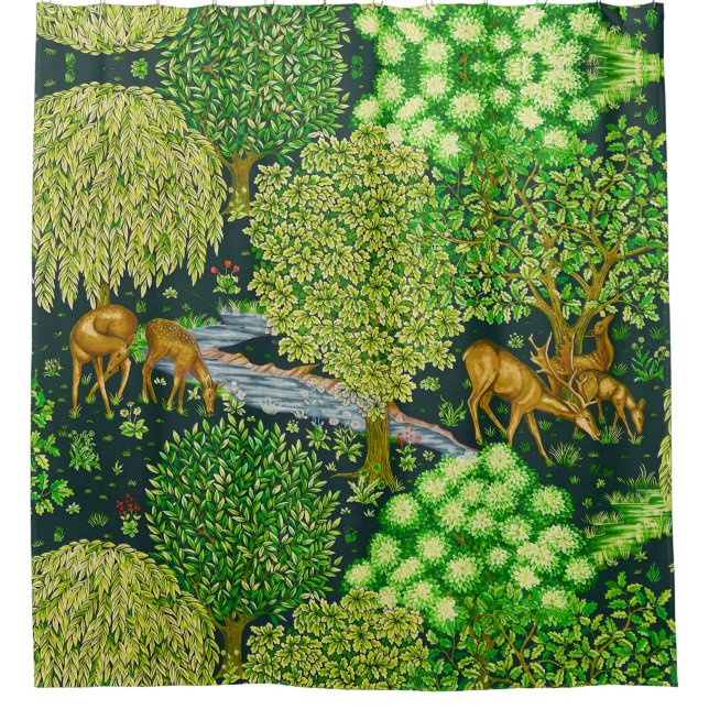 WALDTIERE, TIERE MIT BROOK, grüne blaue Blüte Duschvorhang (Vorderseite)