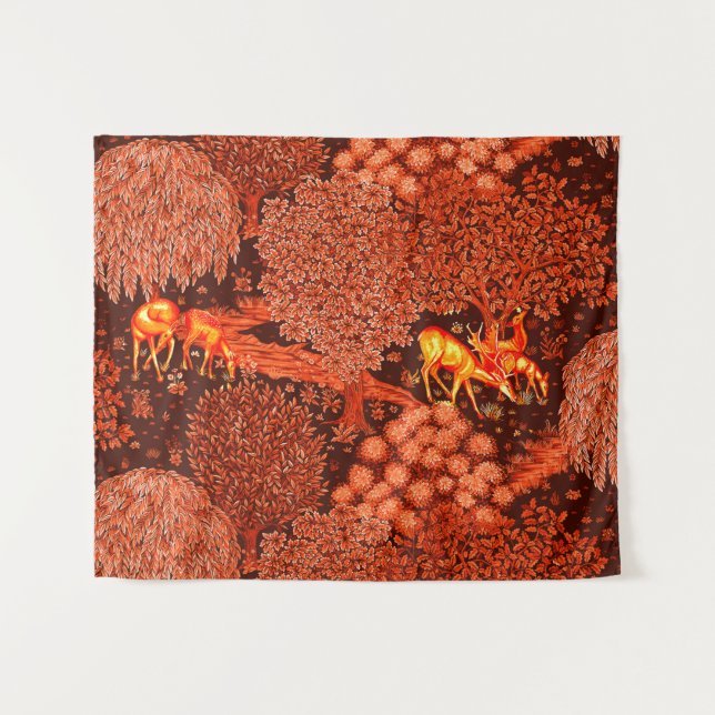 WALDTIERE, TIERE MIT ROCKENER, roter, gelber Blume Wandteppich (Vorderseite (Horizontal))