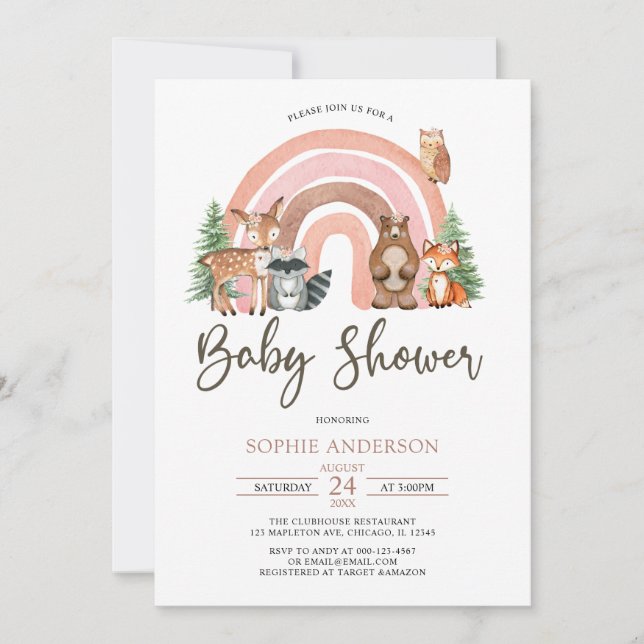 Waldtiere und Boho Rainbow Baby Shower Einladung (Vorderseite)