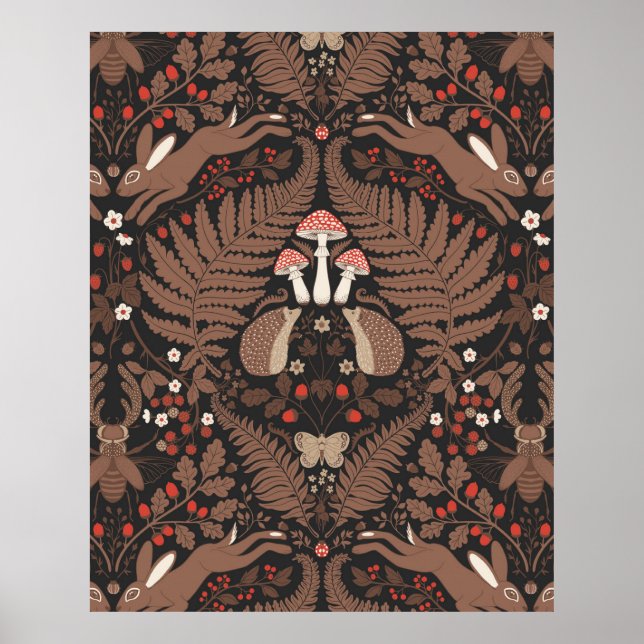 Waldtiere und Pflanze in rot und braun Poster (Vorne)