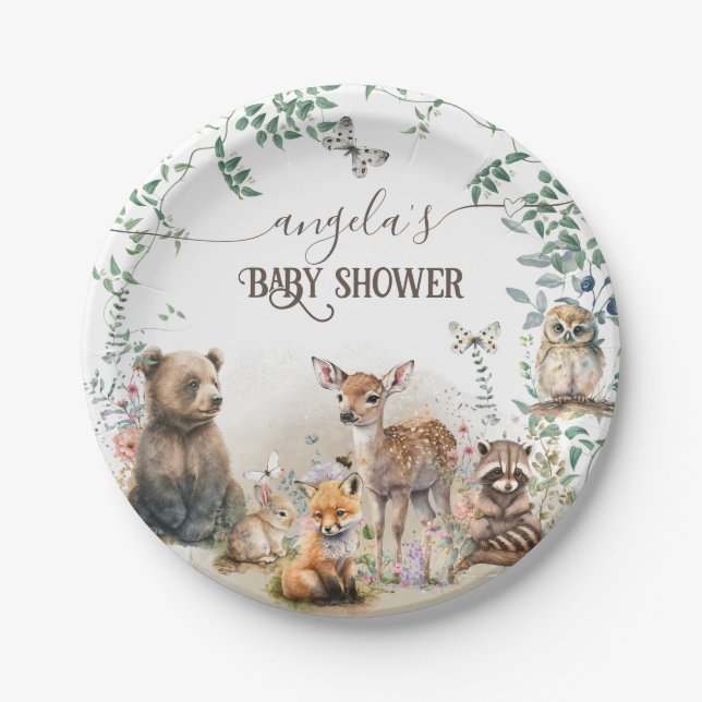 Waldtiere Waldgrün Baby Dusche Pappteller (Vorderseite)