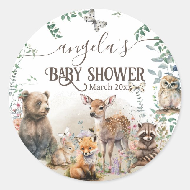 Waldtiere Waldgrün Baby Dusche Runder Aufkleber (Vorderseite)
