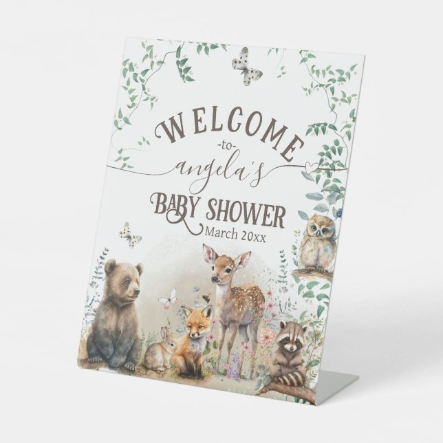 Waldtiere Waldgrün Baby Dusche Sockelschild (Vorderseite)