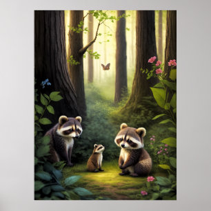 Waldtiere Waschbärenfamilie AI-Kunst Poster