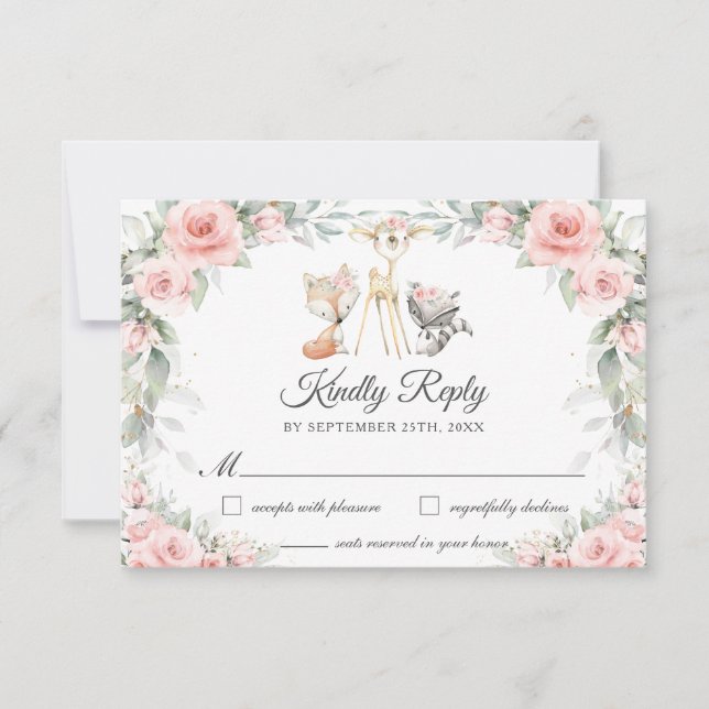 Waldtiere Weich rosa Blume Grünflächen RSVP Karte (Vorderseite)