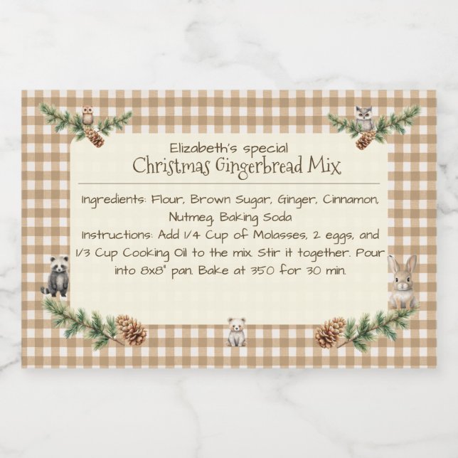 Waldtiere Weihnachtsgebäck Mix Gingham Lebensmitteletikett (Einzelnes Label)