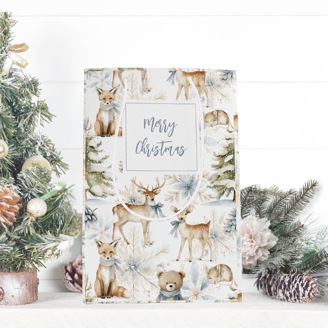 Waldtiere Weißes blaues Weihnachtsfest Mittlere Geschenktüte (Von Creator hochgeladen)