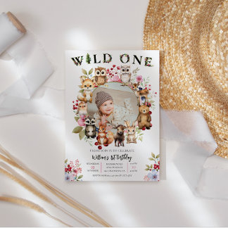 Waldtiere Wild One, 1. Geburtstag w Foto Einladung