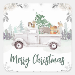 Waldtiere Winter LKW Weihnachten Quadratischer Aufkleber