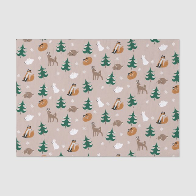 Waldtiere Winter Pattern Pine Tree Schnee Seidenpapier (Vorderseite)