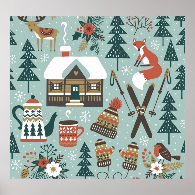 Waldtiere: Winter Vintag nahtlos. Poster (Vorne)