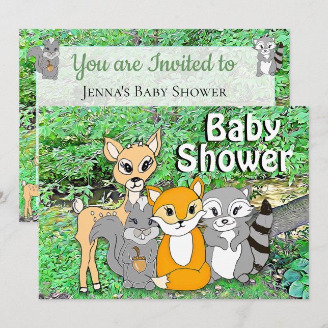 Waldtiere Woodland Kreaturen Kinderdusche Einladung (Vorne/Hinten)