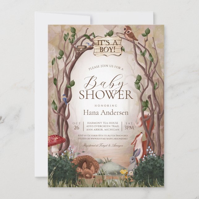 Waldtiere Woodland Whimsical Baby Dusche Einladung (Vorderseite)