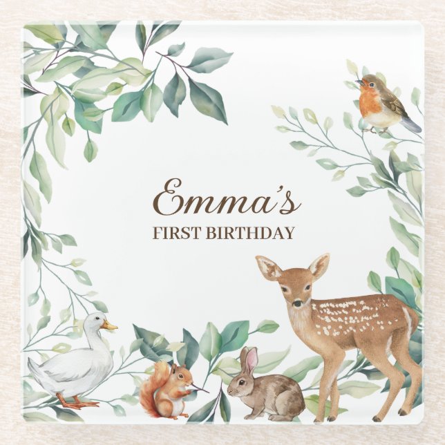 Waldtiere zum ersten Geburtstag Glasuntersetzer (Vorderseite)