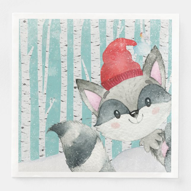 Waldtierfreunde im Winterwald - Racoon Serviette (Vorderseite)