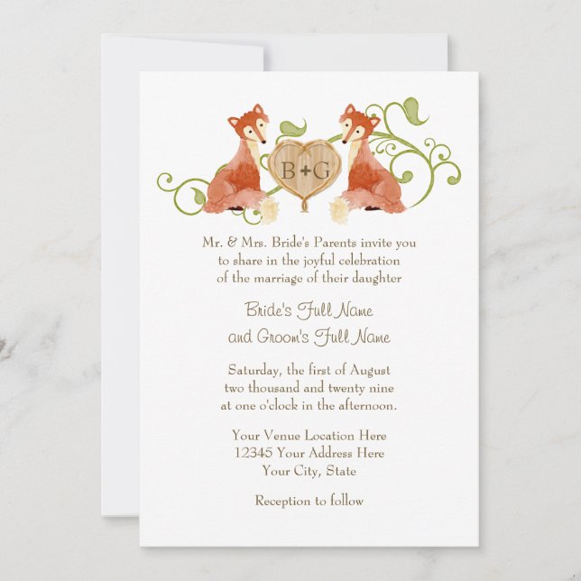 Waldtierkreaturen, Fox n Vines Hochzeiten Einladung (Vorderseite)
