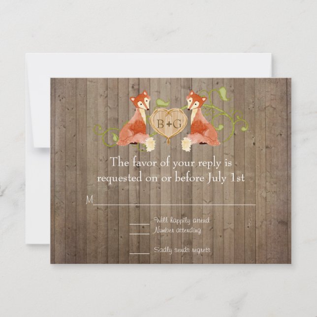 Waldtierkreaturen, Fox n Vines Hochzeiten RSVP Karte (Vorderseite)