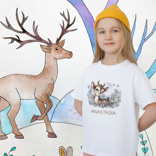 Waldtiertier niedliche Hirsche Aquarellfarbe Winte T-Shirt (Von Creator hochgeladen)