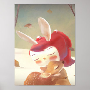 Waldumarmung: Hasenmädchen umarmt kleines Reh Poster