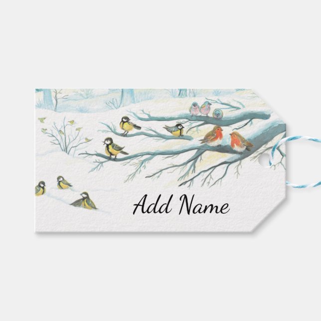 Waldvögel im Winter Geschenkanhänger (Vorderseite (Horizontal))