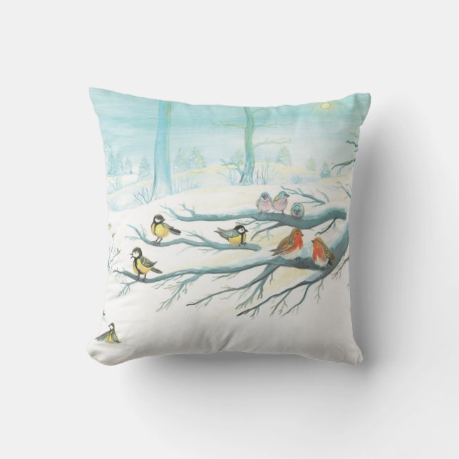 Waldvögel im Winter Kissen (Vorderseite)