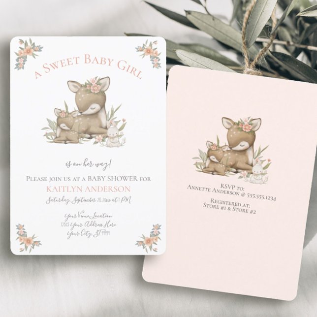 Waldwald Deer Mama Baby Girl Dusche w Bunny Einladung (Von Creator hochgeladen)