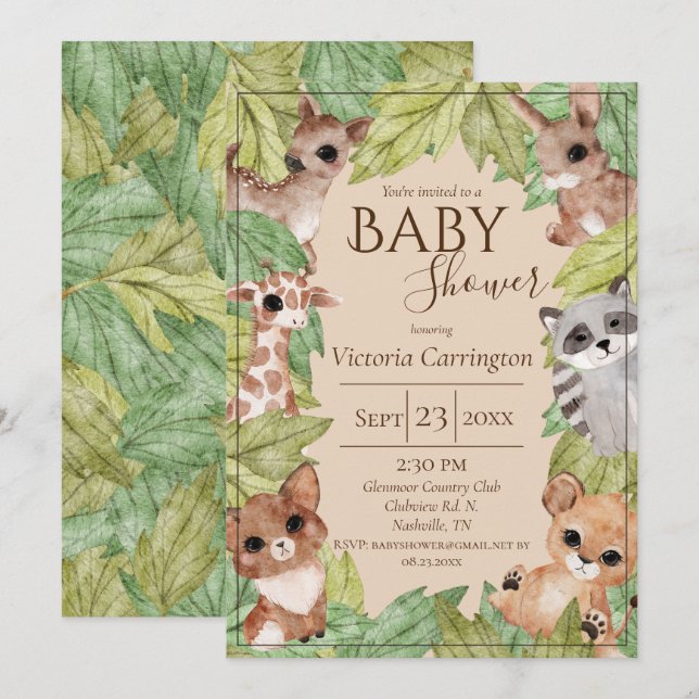 Waldwald Jungle Tiere Grüne Baby Einladung (Vorne/Hinten)