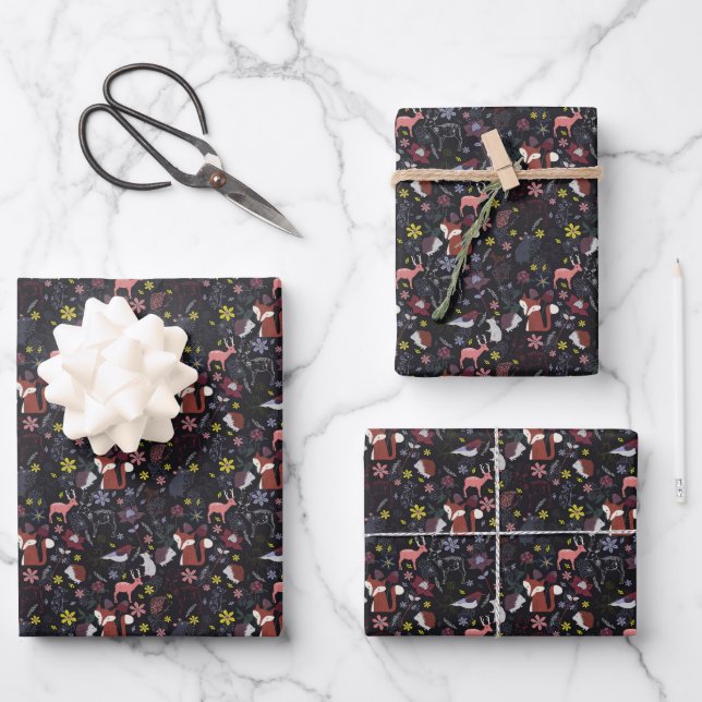 Waldwald Wilde Tiere Natur Schwarz Geschenkpapier Set (Vorderseite)