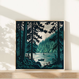 Waldwälder Natur Landschaft Vintag Linocut Poster