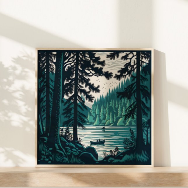 Waldwälder Natur Landschaft Vintag Linocut Poster (A small print perfect for small spaces.)
