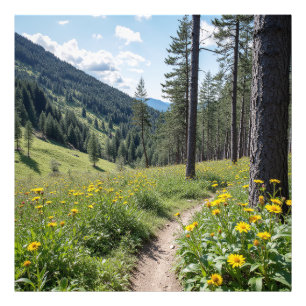 Waldweg mit gelben Wildblumen Fotodruck