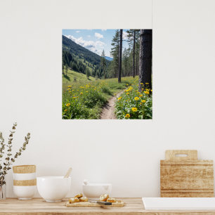 Waldweg mit gelben Wildblumen Poster