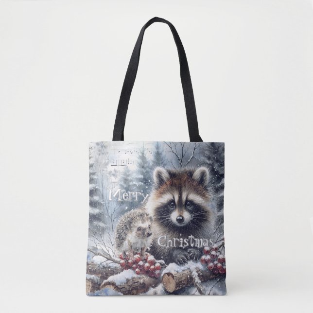 Waldwinter Igel Waschbär Weihnachten Tasche (Vorderseite)