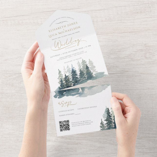 Waldwinterlandschaft Waldland Hochzeit QR-Code All In One Einladung (Abreißen)