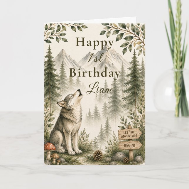 Waldwolf erster Geburtstag Karte (Vorderseite)