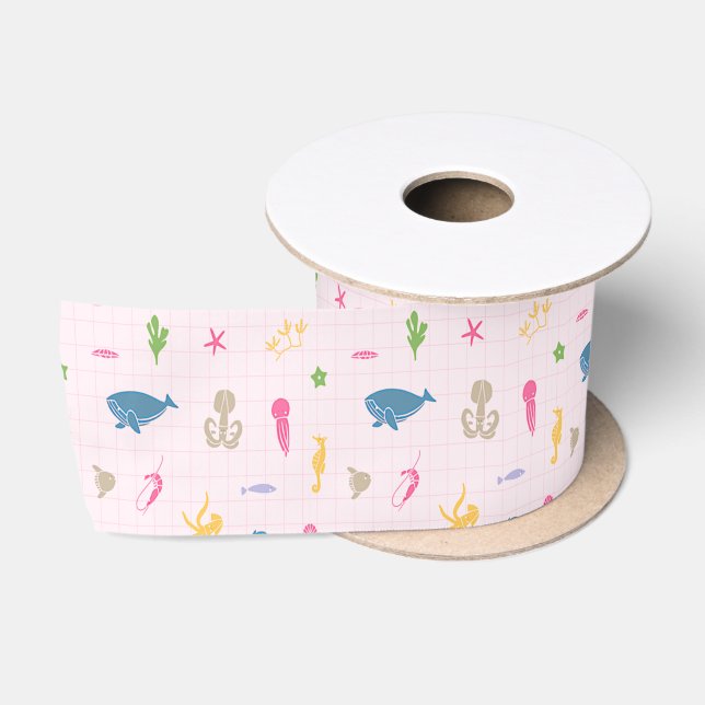 Wale, Anker, Korallen und Algenmuster (Pinks) Satinband (Spule)
