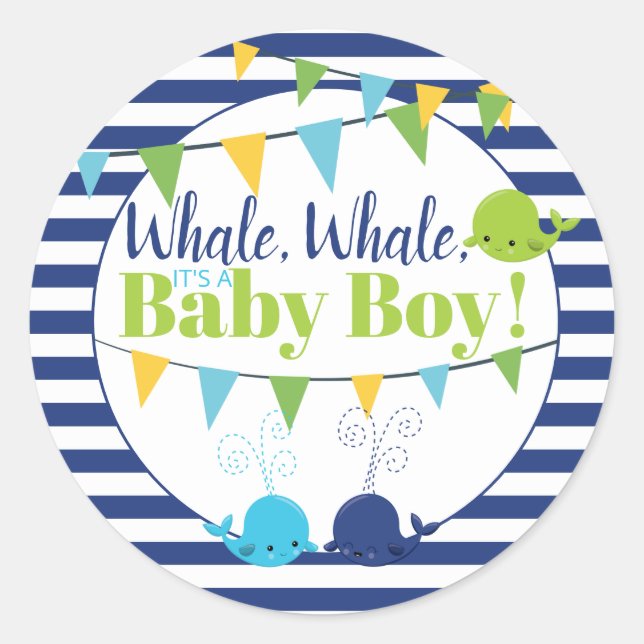 Wale Es ist ein Baby Ankündigung Navy Striping Runder Aufkleber (Vorderseite)