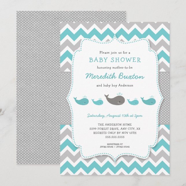 Wale mit Babydusche, neutrales Geschlecht Einladung (Vorne/Hinten)