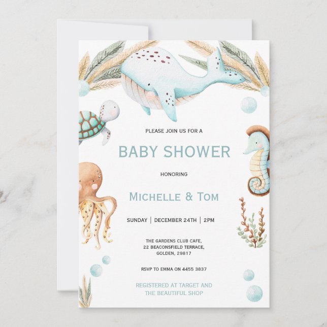Wale unter dem Meer Aquarell Babydusche Einladung (Vorderseite)