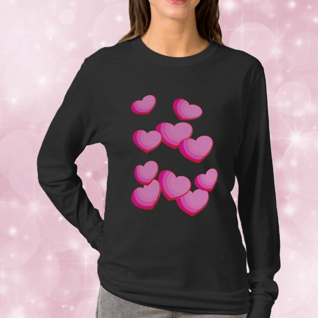 Walentiner Walentiner T-Shirt (Cluster of bright hearts in shades of pink on black womans tee shirt.)