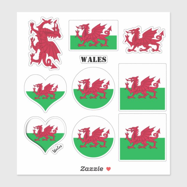 Wales Aufkleber & Walisische Flagge, Herz/Sport (Blatt)