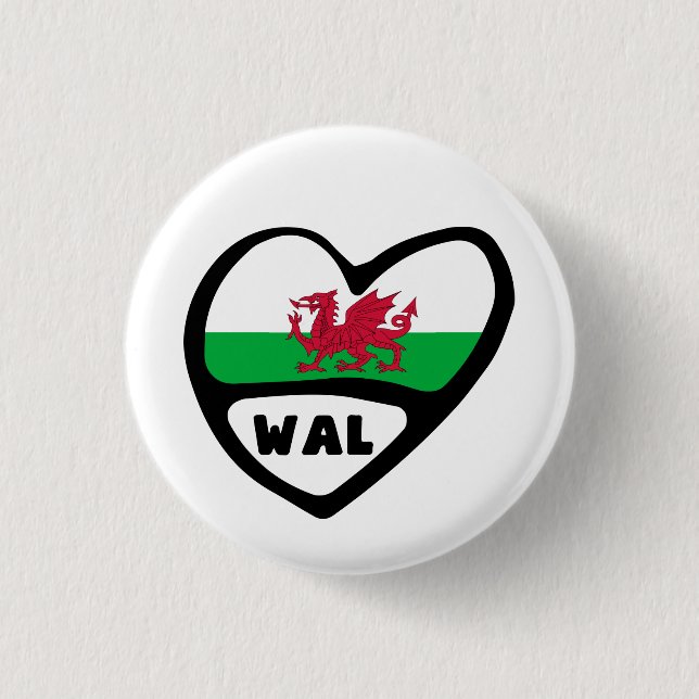 Wales Country Code Flag Herz Button Abzeichen, Cym (Vorderseite)