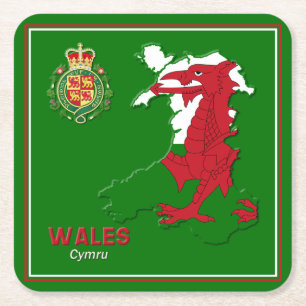 Wales Flag Map & Royal Abzeichen Rechteckiger Pappuntersetzer