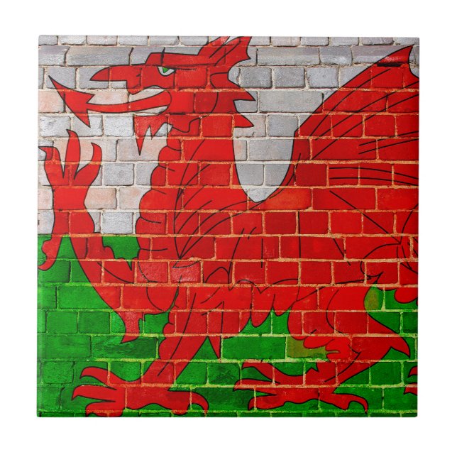 Wales-Flagge auf einer Backsteinmauer Fliese (Vorderseite)