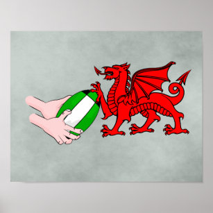 Wales Rugby Team Dragon mit Rugby Ball Poster