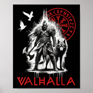 Walhall Odin Wolf Und Rabe Wikinger Runen Nordisch Poster