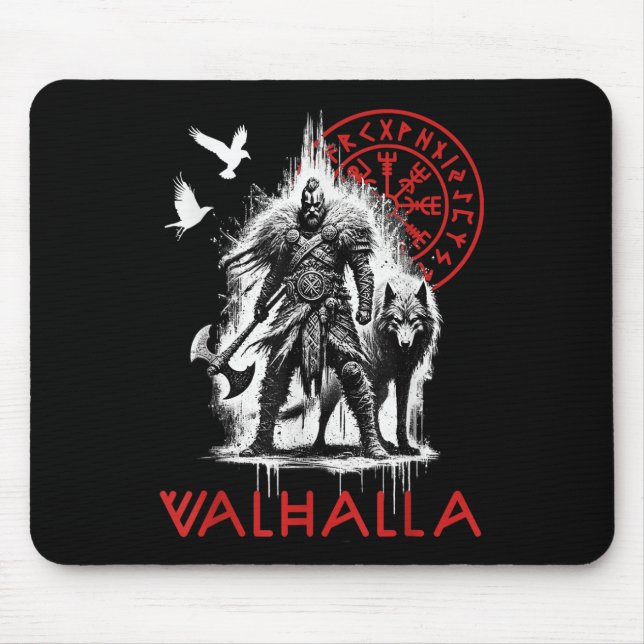 Walhalla Odin Wolf Und Rabe Wikinger Runen Nordisc Mousepad (Vorne)